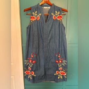 Westport 1962 Cotton Denim Dress with Red Floral Embroidery Size 12